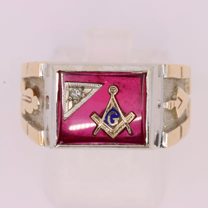 Vintage 10K/14K Gold Masonic Ring Diamond Ruby Freemason Signet Ring UK SIZE V