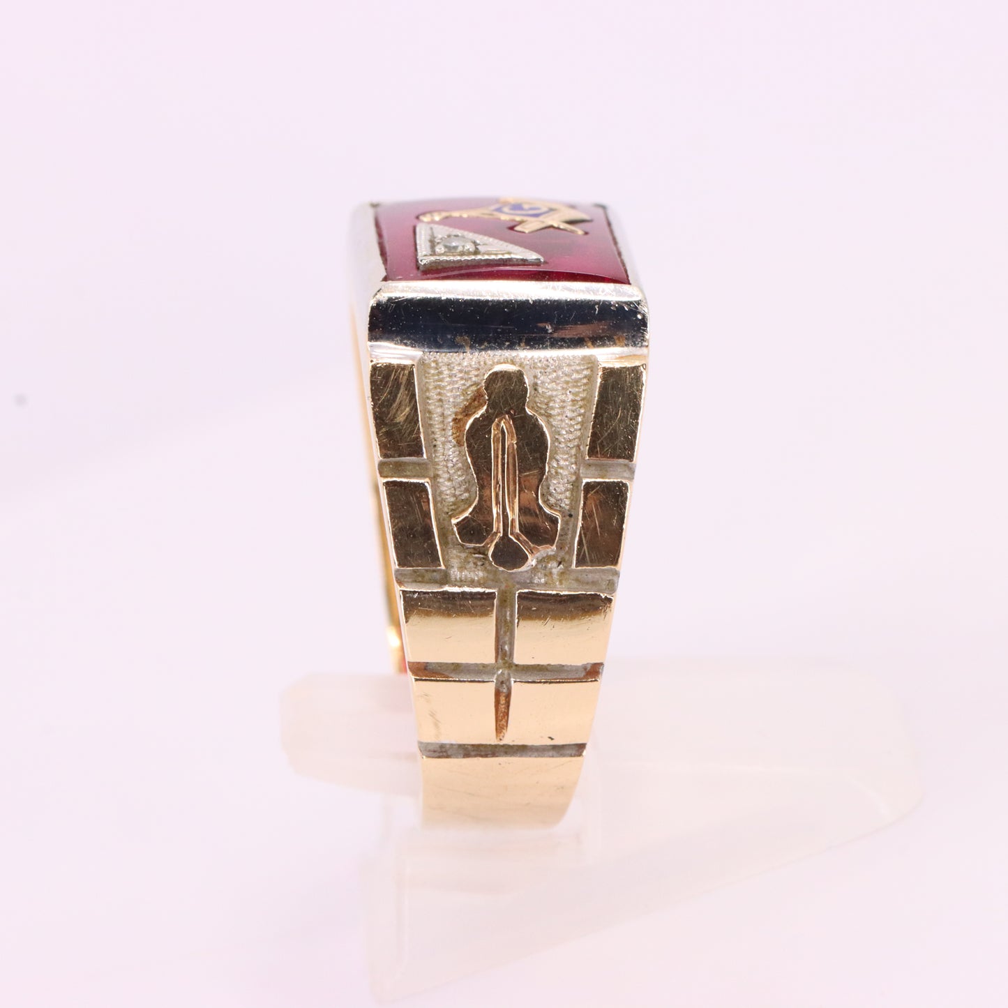 Vintage 10K/14K Gold Masonic Ring Diamond Ruby Freemason Signet Ring UK SIZE V