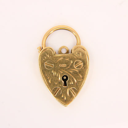 Vintage 9ct Engraved Heart Lock Charm Padlock Closer Hallmarked Gold Pendant