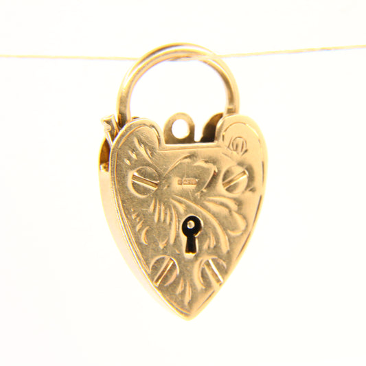 Vintage 9ct Engraved Heart Lock Charm Padlock Closer Hallmarked Gold Pendant