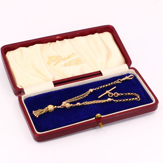 Antique 9ct Gold Albertina Chain 9" with T Bar & Tassel Victorian Bracelet
