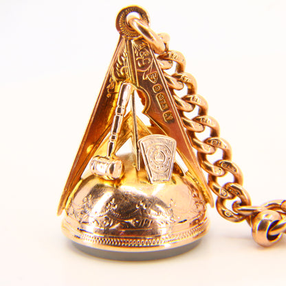 Large 9ct Masonic Drop Fob Chain Spring Clip Hallmarked Gold Mason Pendant Charm