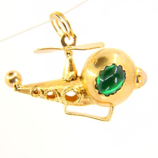 Vintage Large Helicopter Pendant Opal & Green Stone Yellow Gold Charm Dragonfly