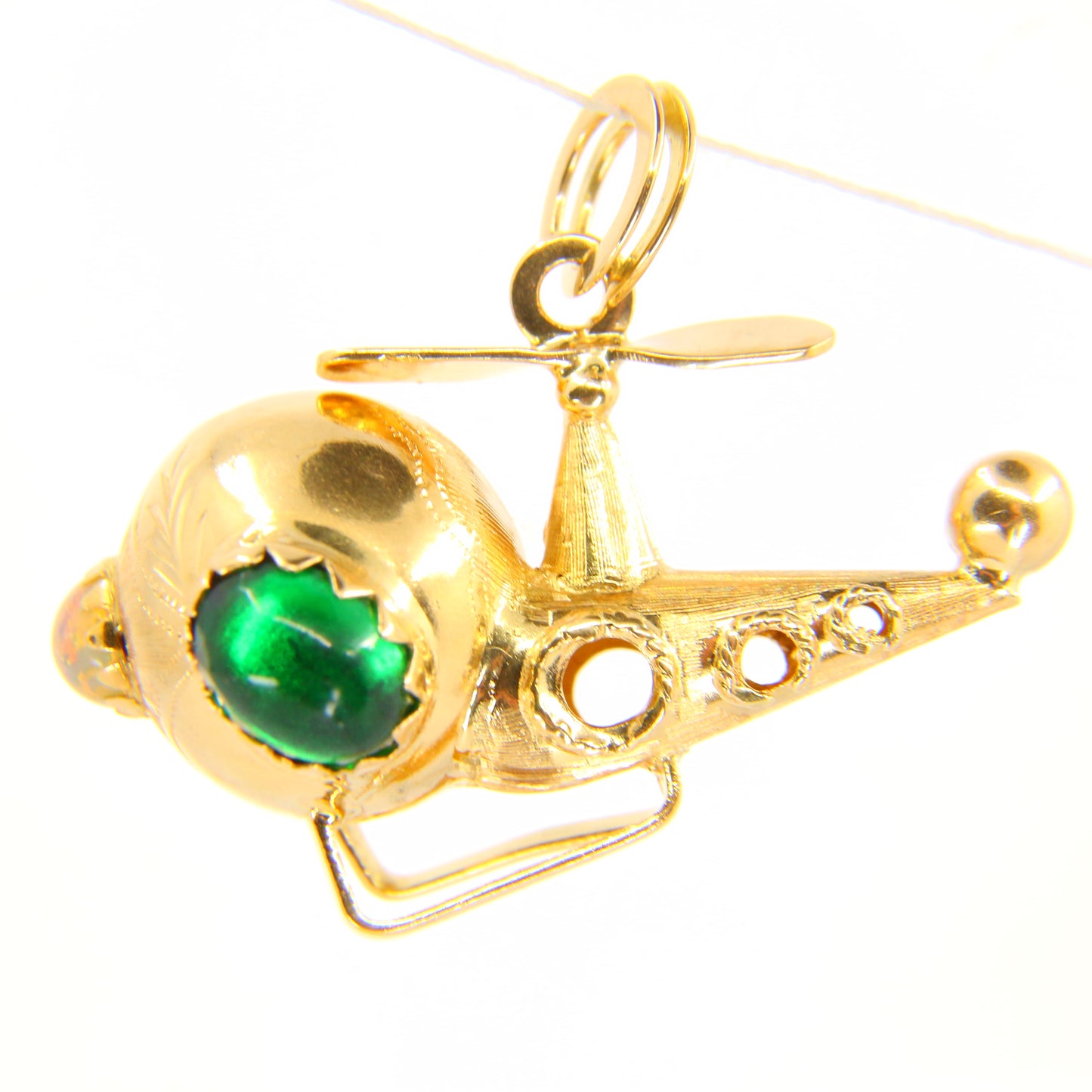 Vintage Large Helicopter Pendant Opal & Green Stone Yellow Gold Charm Dragonfly