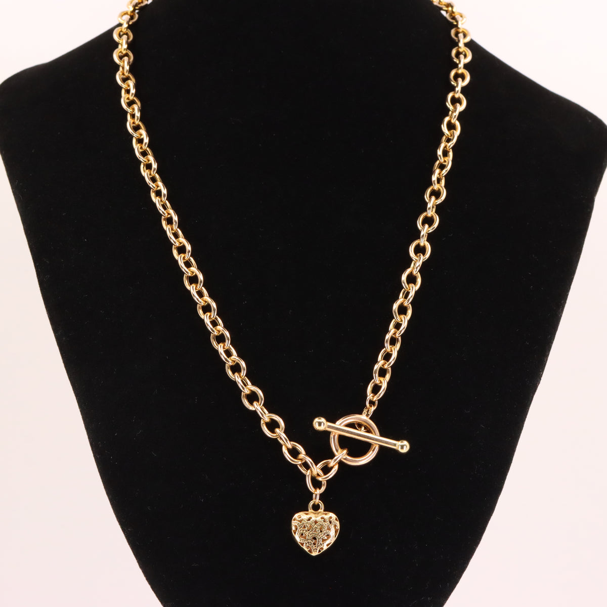 Vintage 9ct Hallmarked Yellow Gold T Bar Slider Heart Charm Belcher Chain Necklace Boxed Gift