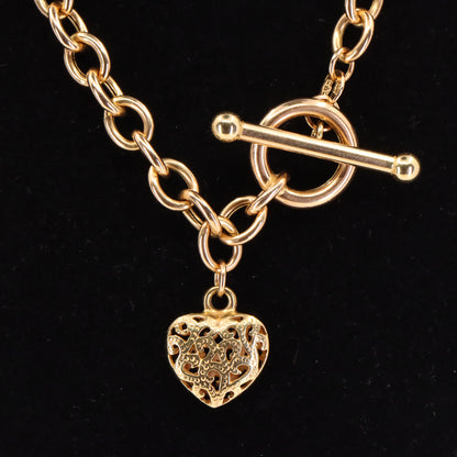 Vintage 9ct Hallmarked Yellow Gold T Bar Slider Heart Charm Belcher Chain Necklace Boxed Gift