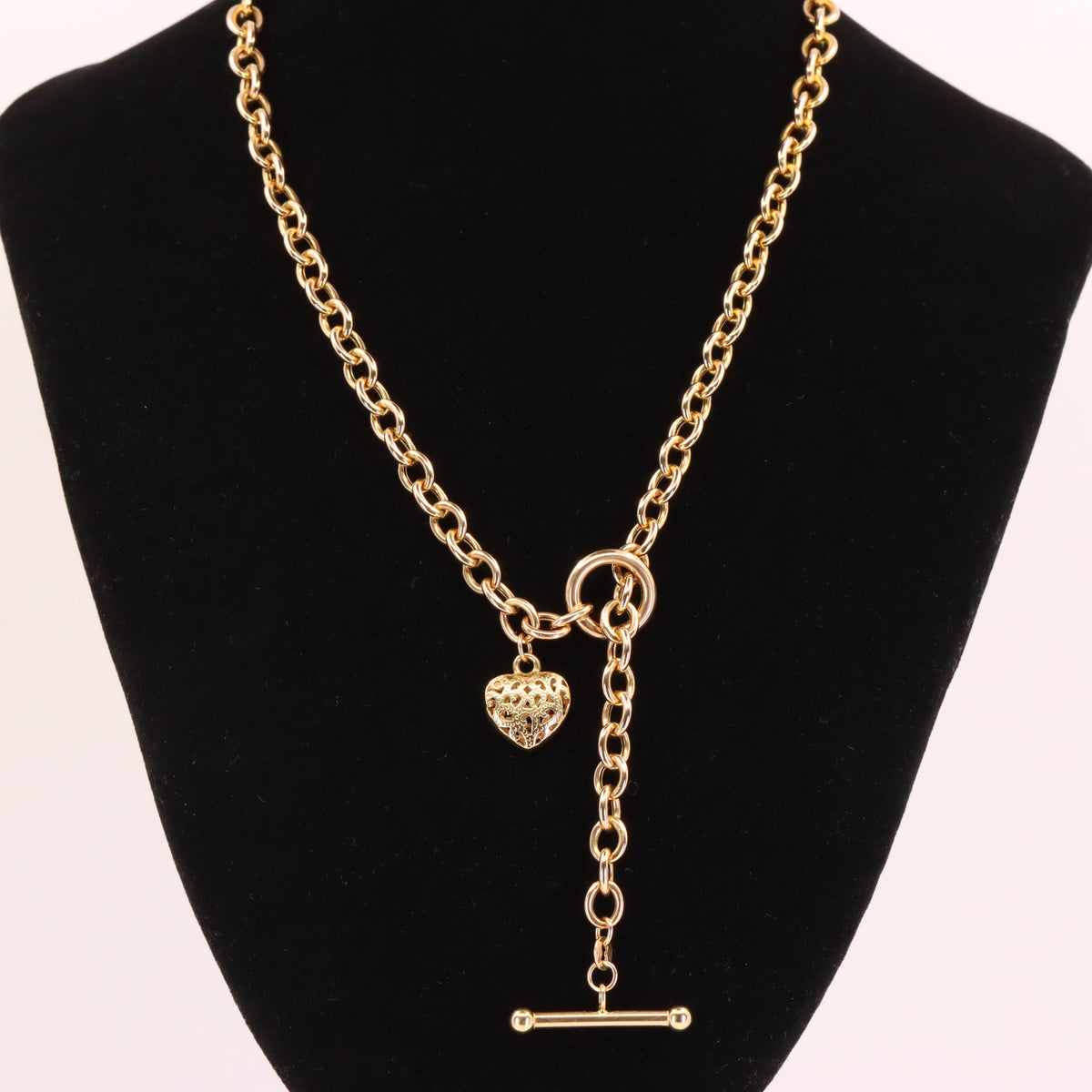 Vintage 9ct Hallmarked Yellow Gold T Bar Slider Heart Charm Belcher Chain Necklace Boxed Gift
