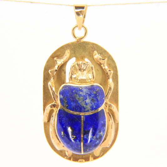 Vintage 18k Yellow Gold Lapis Lazuli Scarab Beetle Egyptian Pendant Hieroglyphs