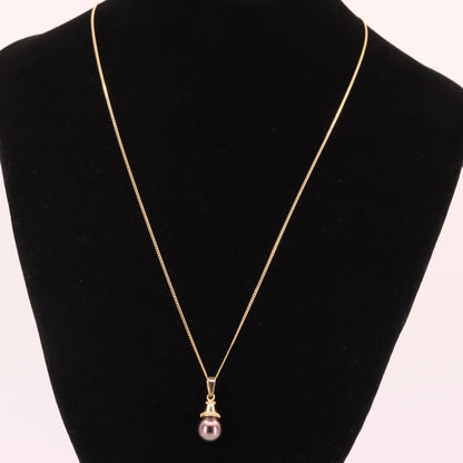 Vintage 14ct Yellow Gold Black Pearl 19 Inch Pendant Chain Necklace Boxed Gift