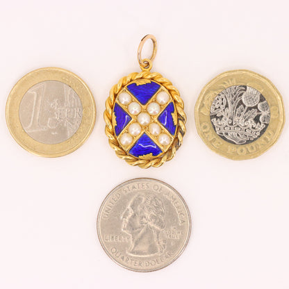 Antique 18ct Yellow Gold Scottish Saltire Pearl Enamel Mourning Locket Pendant