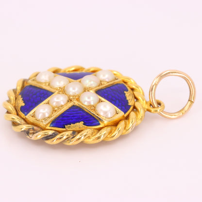 Antique 18ct Yellow Gold Scottish Saltire Pearl Enamel Mourning Locket Pendant
