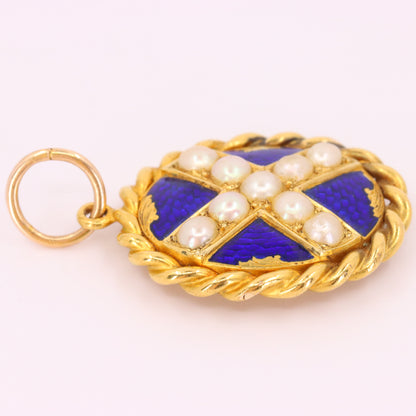 Antique 18ct Yellow Gold Scottish Saltire Pearl Enamel Mourning Locket Pendant
