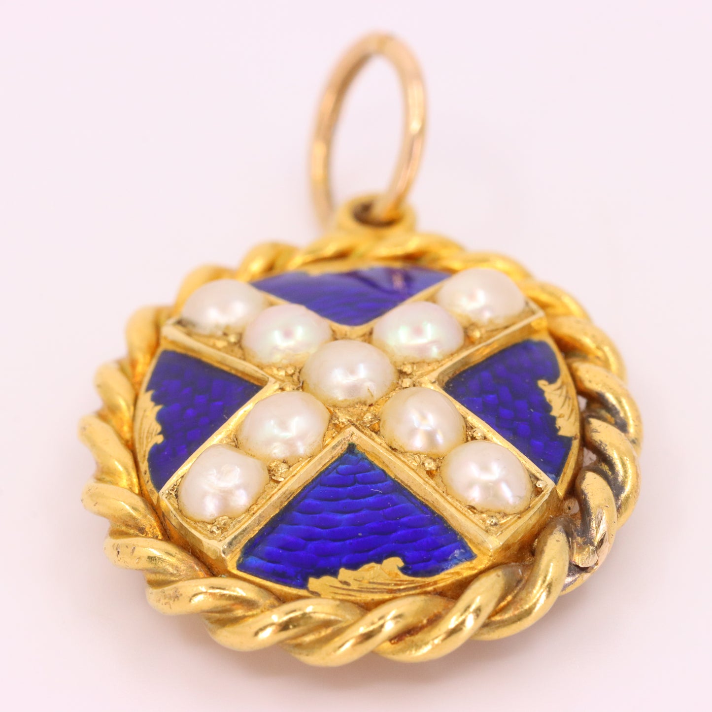 Antique 18ct Yellow Gold Scottish Saltire Pearl Enamel Mourning Locket Pendant