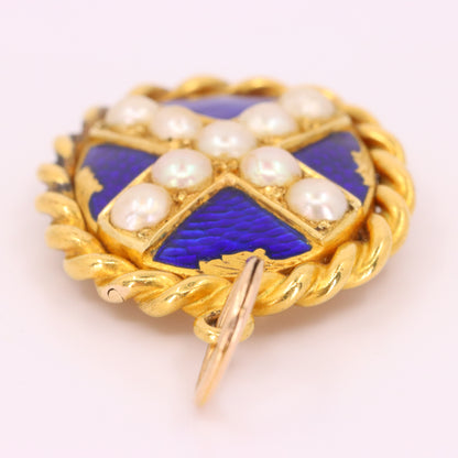 Antique 18ct Yellow Gold Scottish Saltire Pearl Enamel Mourning Locket Pendant