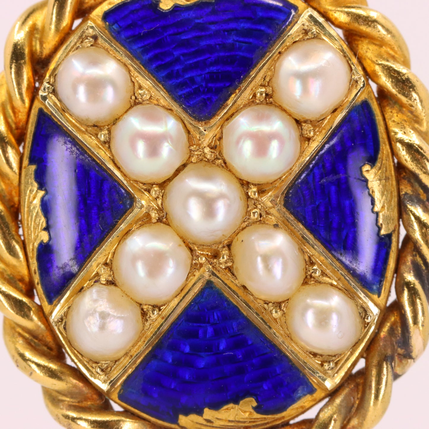 Antique 18ct Yellow Gold Scottish Saltire Pearl Enamel Mourning Locket Pendant