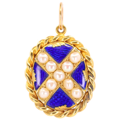 Antique 18ct Yellow Gold Scottish Saltire Pearl Enamel Mourning Locket Pendant