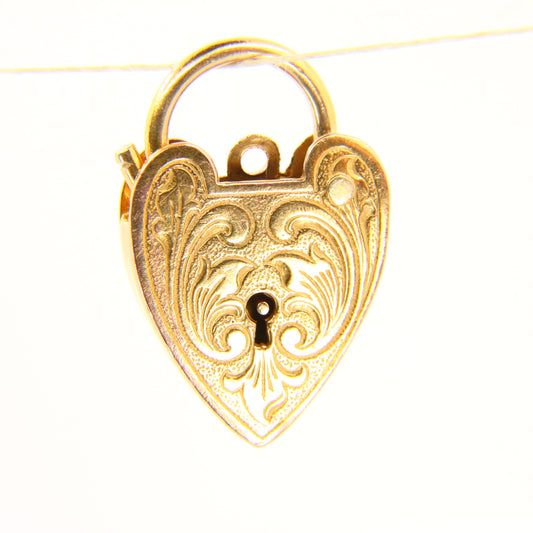 Vintage 9ct Engraved Heart Lock Gold Charm Padlock Closer Pendant Hallmarked