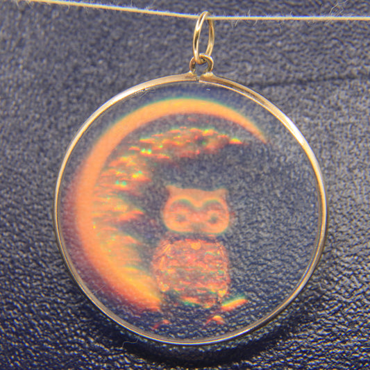 Vintage 9ct Gold Owl Intaglio Glass Pendant Moon Design Round Charm Gift