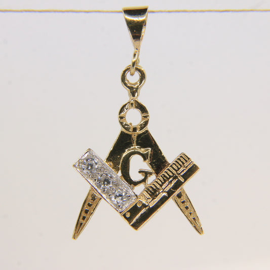 Vintage 9ct Gold Hallmarked Masonic Pendant Compass Square G Emblem CZ Stones