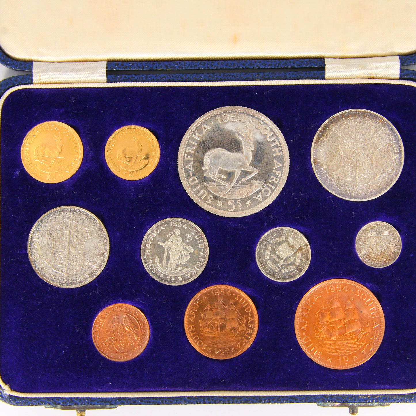 Rare 11 Coins South African 1954 Elizabeth II Proof Set with Gold 1/875 Minted