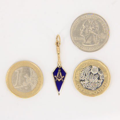 Vintage 9ct Gold Hallmarked Masonic Trowel Pendant Blue Enamel Freemason Charm