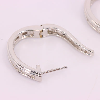 Vintage 9ct Hallmarked White Gold Hoop Earrings Diamond Baguette Set Boxed Gift
