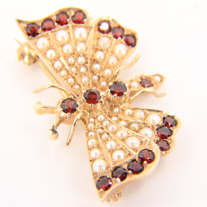 Vintage 9ct Hallmarked Gold Butterfly Brooch Seed Pearl & Garnet Boxed Gift