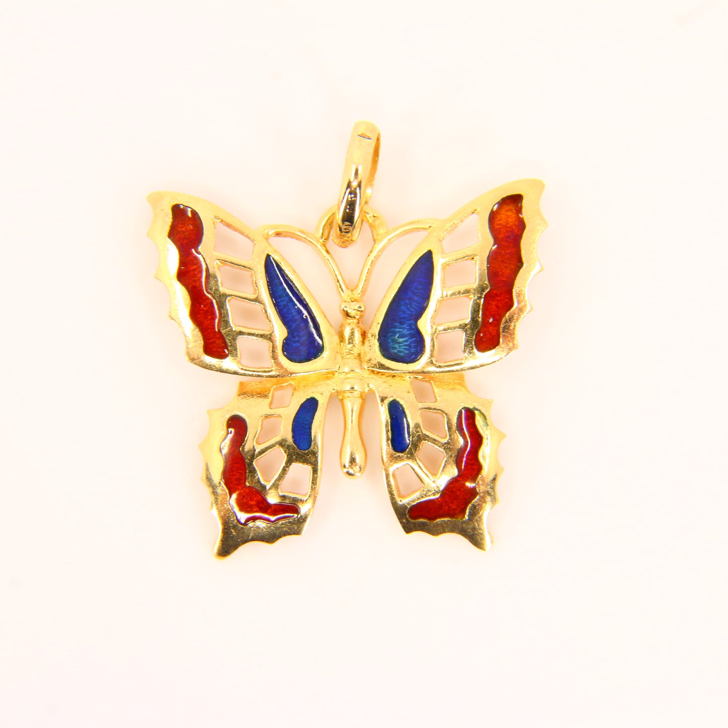 Vintage 18K Butterfly Pendant 18ct Yellow Gold Enamel Detailed Colourful Charm