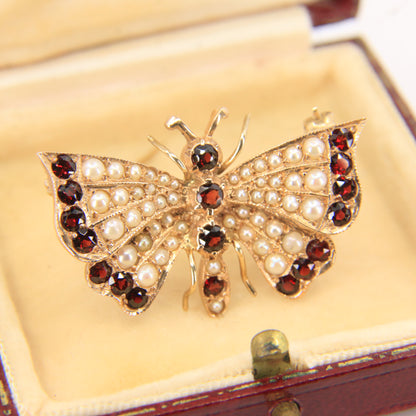 Vintage 9ct Hallmarked Gold Butterfly Brooch Seed Pearl & Garnet Boxed Gift