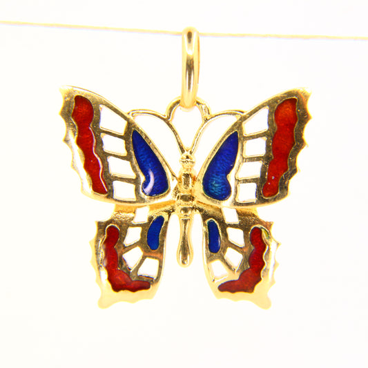 Vintage 18K Butterfly Pendant 18ct Yellow Gold Enamel Detailed Colourful Charm