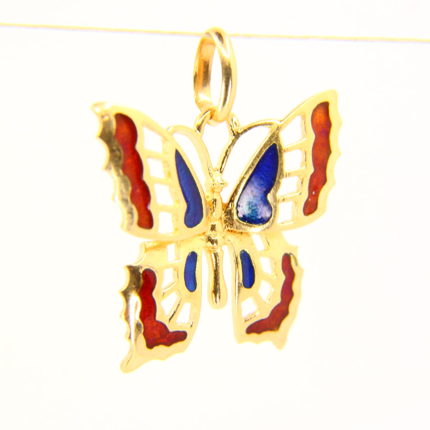 Vintage 18K Butterfly Pendant 18ct Yellow Gold Enamel Detailed Colourful Charm