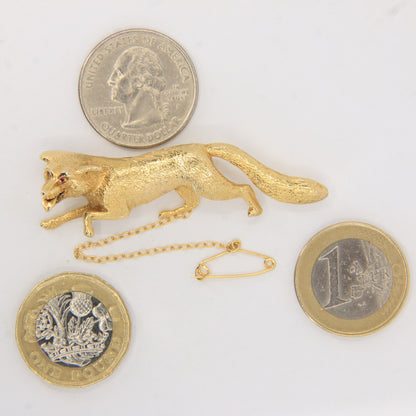 Vintage 9ct Hallmarked Gold Ruby Eyed Fox Brooch Wildlife Animal 1969 Boxed Gift