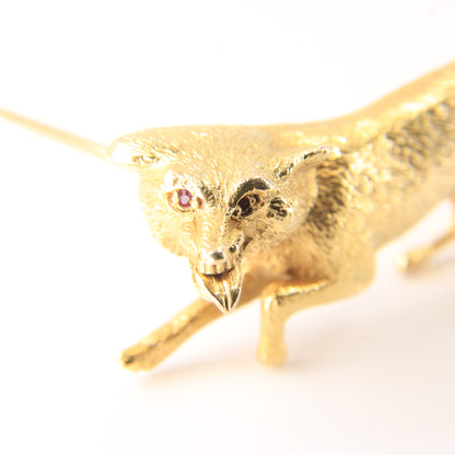 Vintage 9ct Hallmarked Gold Ruby Eyed Fox Brooch Wildlife Animal 1969 Boxed Gift