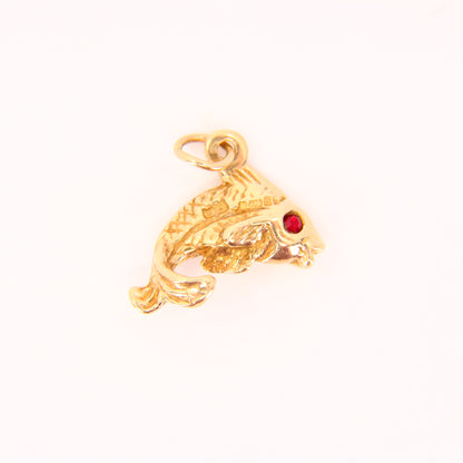 Vintage 9ct Red Eyed Leaping Fish Pendant Hallmarked 9 Carat Yellow Gold Charm