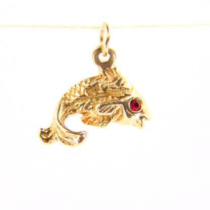 Vintage 9ct Red Eyed Leaping Fish Pendant Hallmarked 9 Carat Yellow Gold Charm