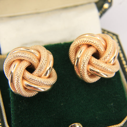 Vintage 9ct Hallmarked Yellow Gold Knot Stud Earrings Textured Design Boxed Gift