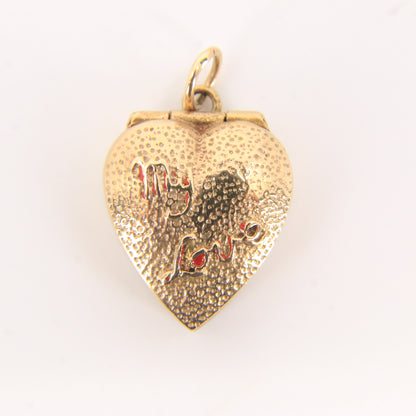 Vintage 9ct Hallmarked Gold Heart Charm – CZ Ring "My Love" Box