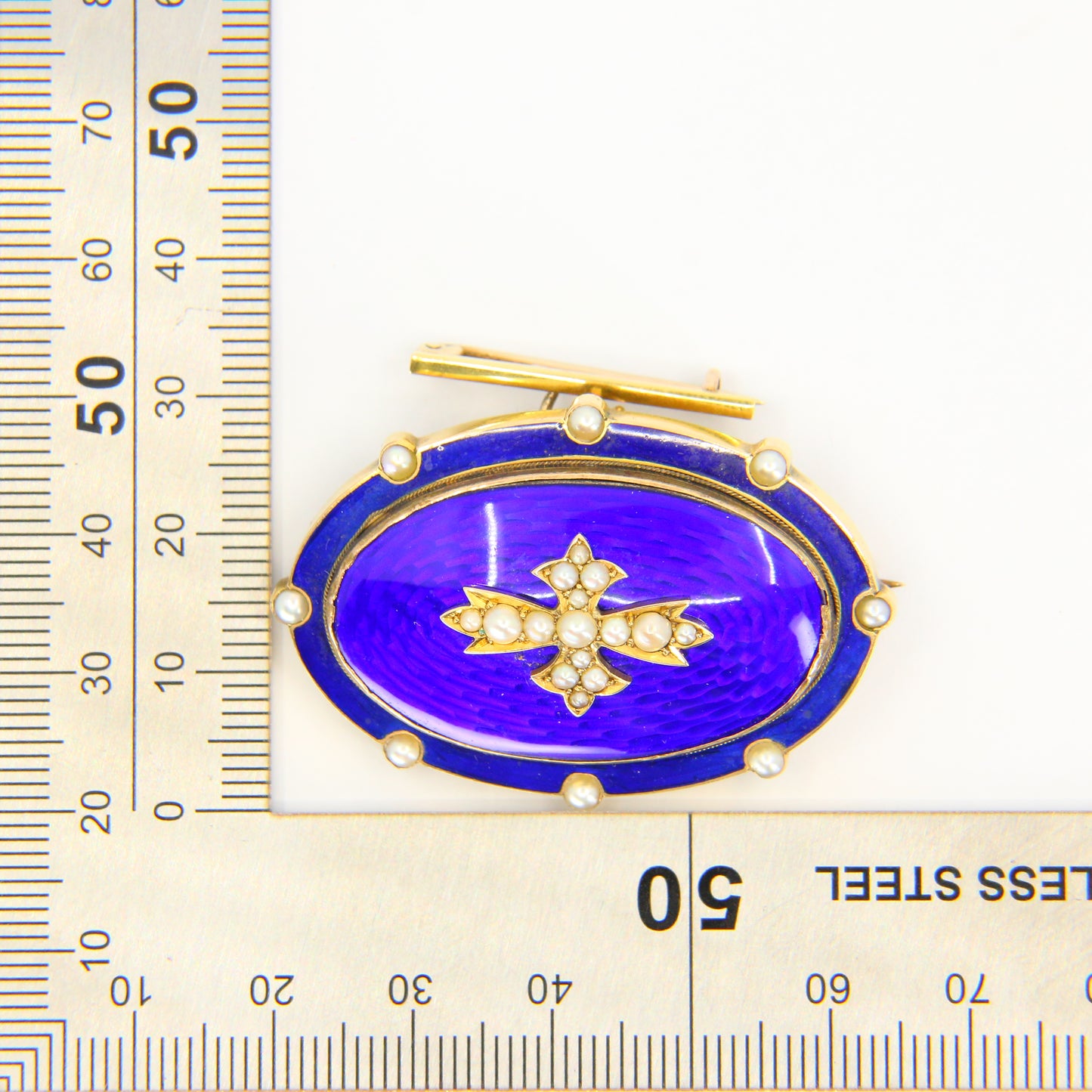 Antique 18ct Victorian Blue Enamel Pearl Locket Mourning Brooch Unmarked Yellow Gold