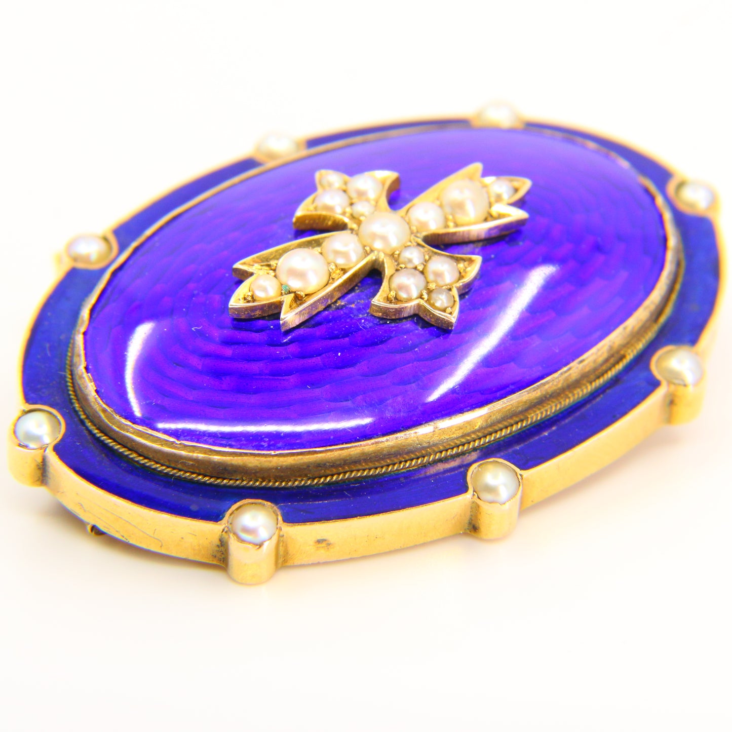 Antique 18ct Victorian Blue Enamel Pearl Locket Mourning Brooch Unmarked Yellow Gold