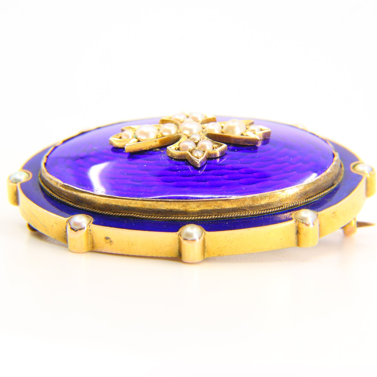 Antique 18ct Victorian Blue Enamel Pearl Locket Mourning Brooch Unmarked Yellow Gold