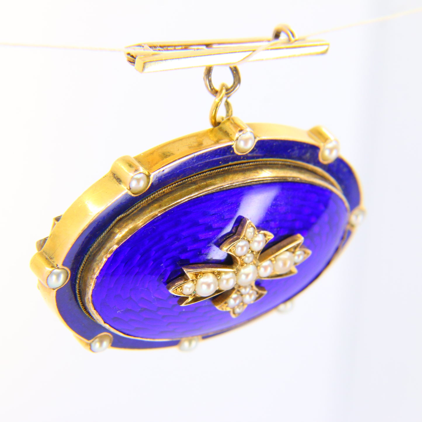 Antique 18ct Victorian Blue Enamel Pearl Locket Mourning Brooch Unmarked Yellow Gold