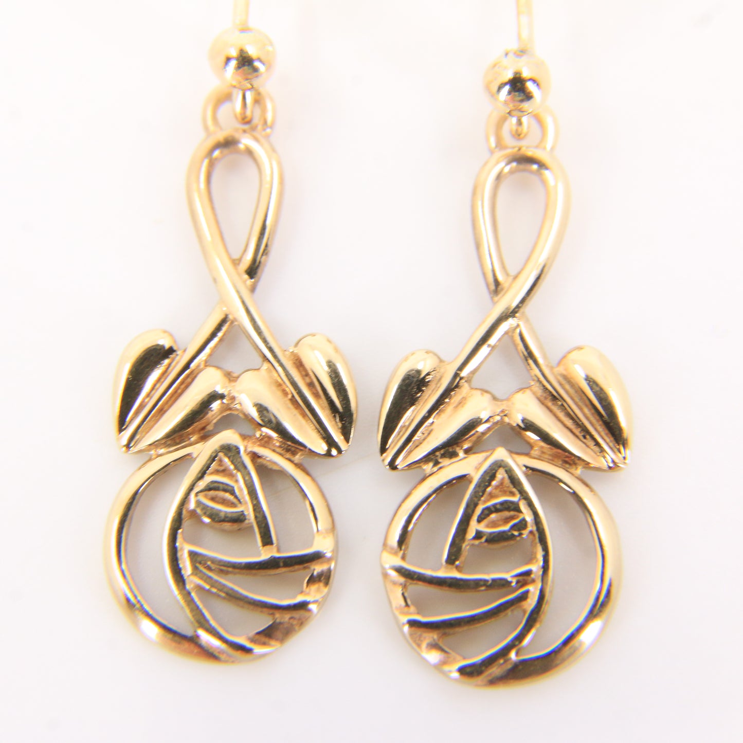 Vintage 9ct Hallmarked Yellow Gold Rennie Mackintosh Drop Earrings Boxed Gift