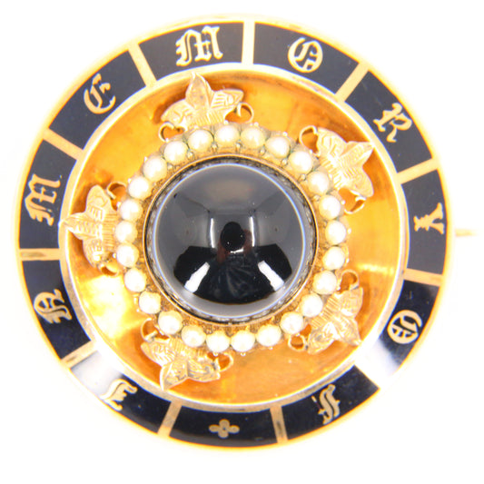 Antique 9ct Victorian Black Enamel Pearl Locket Mourning Brooch Unmarked Yellow Gold