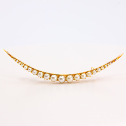 Antique 15ct Yellow Gold Crescent Split Pearl Brooch with 9ct Pin