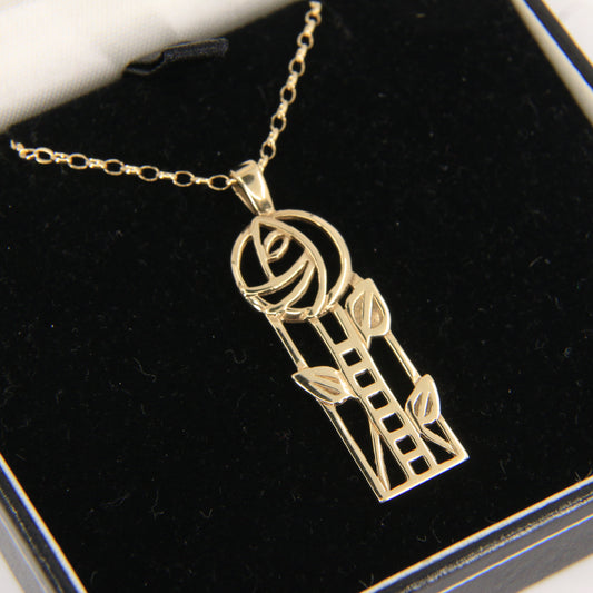 Vintage 9ct Hallmarked Yellow Gold Rennie Mackintosh Pendant Necklace 18 Inch Boxed Gift