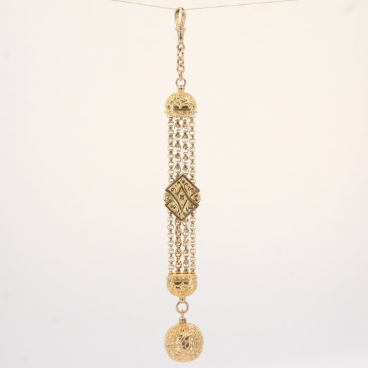Antique 9ct Solid Gold Albertina Chain – 6" Floral Ball Fob Drop