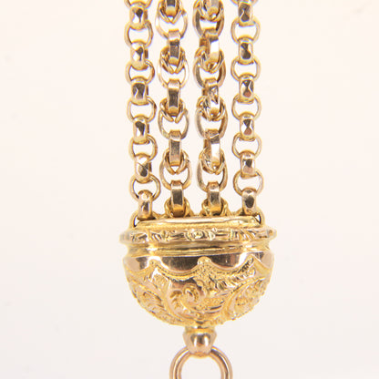 Antique 9ct Solid Gold Albertina Chain – 6" Floral Ball Fob Drop