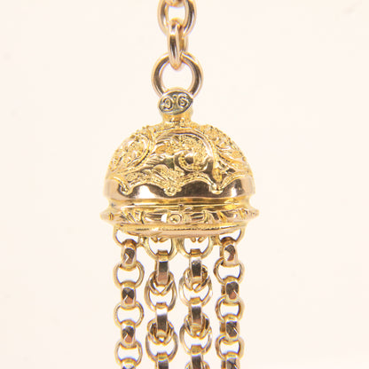 Antique 9ct Solid Gold Albertina Chain – 6" Floral Ball Fob Drop