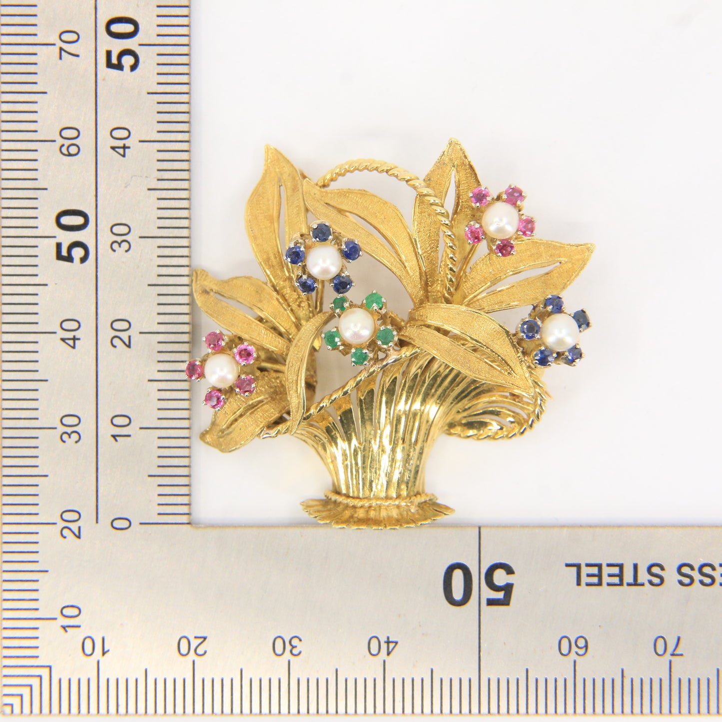 Vintage 18ct Gold Gardenia Brooch Hallmarked Pearl Emerald Topaz
