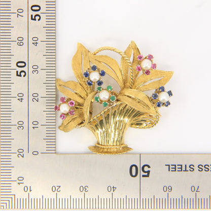 Vintage 18ct Gold Gardenia Brooch Hallmarked Pearl Emerald Topaz